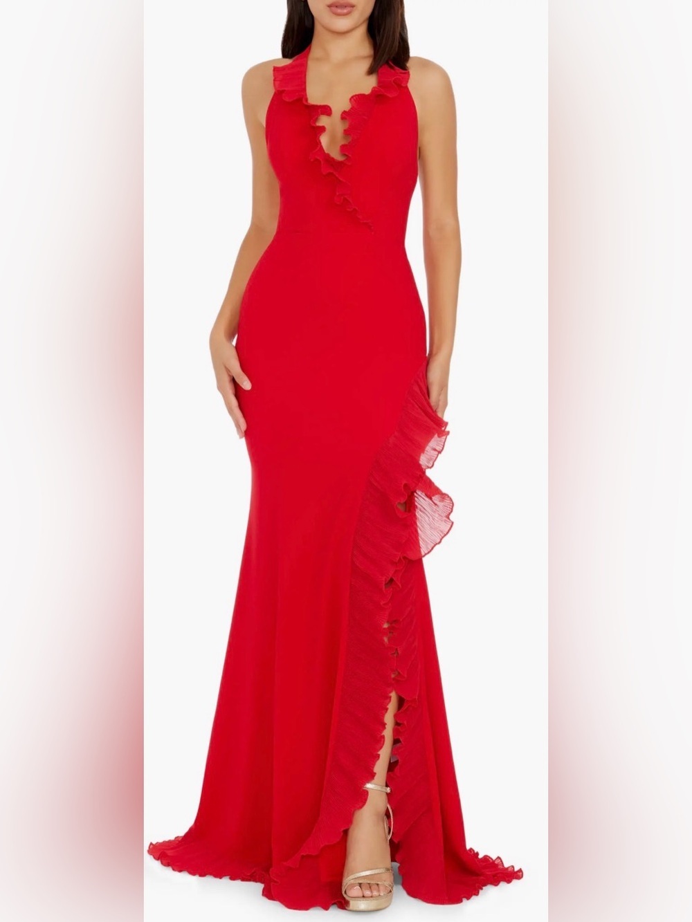 NEW Dress The Population Kathleen Ruffle Halter Gown with Train Rogue Red Sz S